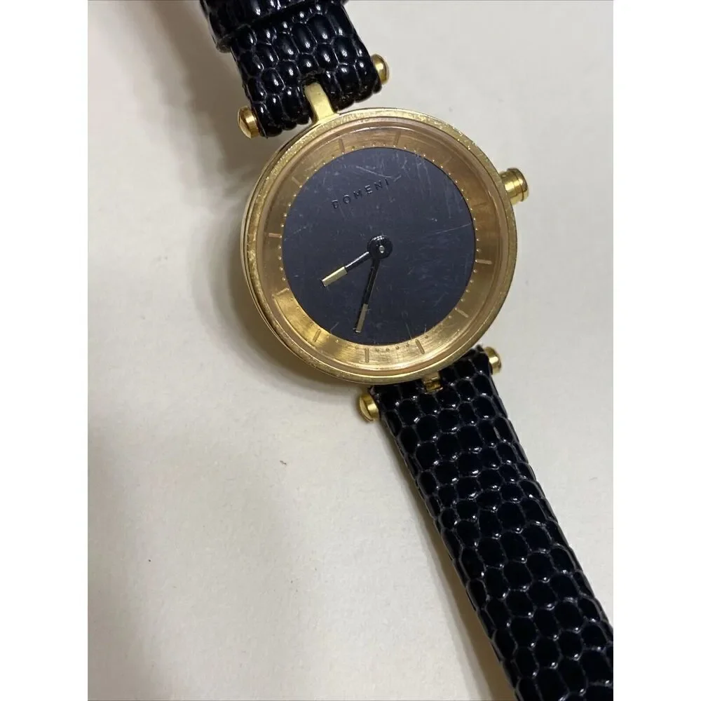 Ladies Domeni Black‎ & Gold Watch Pebbled Leather Band VX10 Movement
